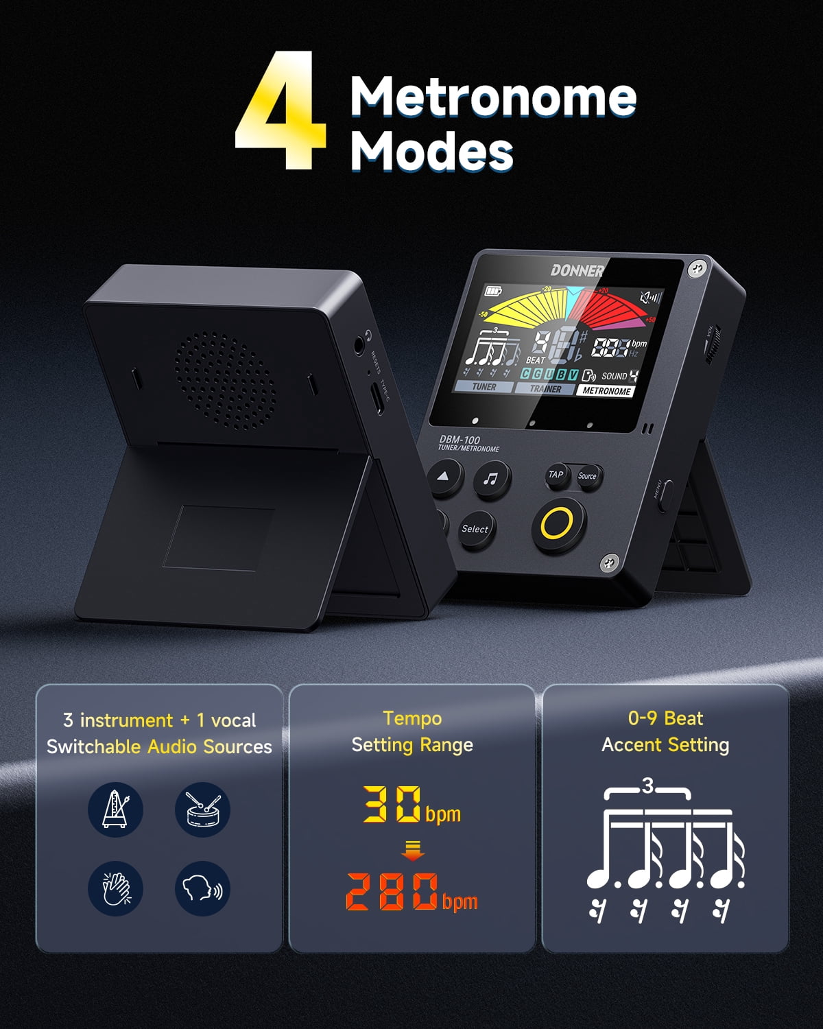 Donner 3-in-1 Rechargeable Digital Metronome Tuner For Guitar, Violin, Ukulele, Piano, Flute & All Instruments, Black