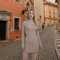 thumbnail image 2 of VICHVVY Women's Long Sleeve Dress Mock Neck Basic Ribbed Slim Fit Bodycon Mini Pencil Dresses Khaki S, 2 of 7