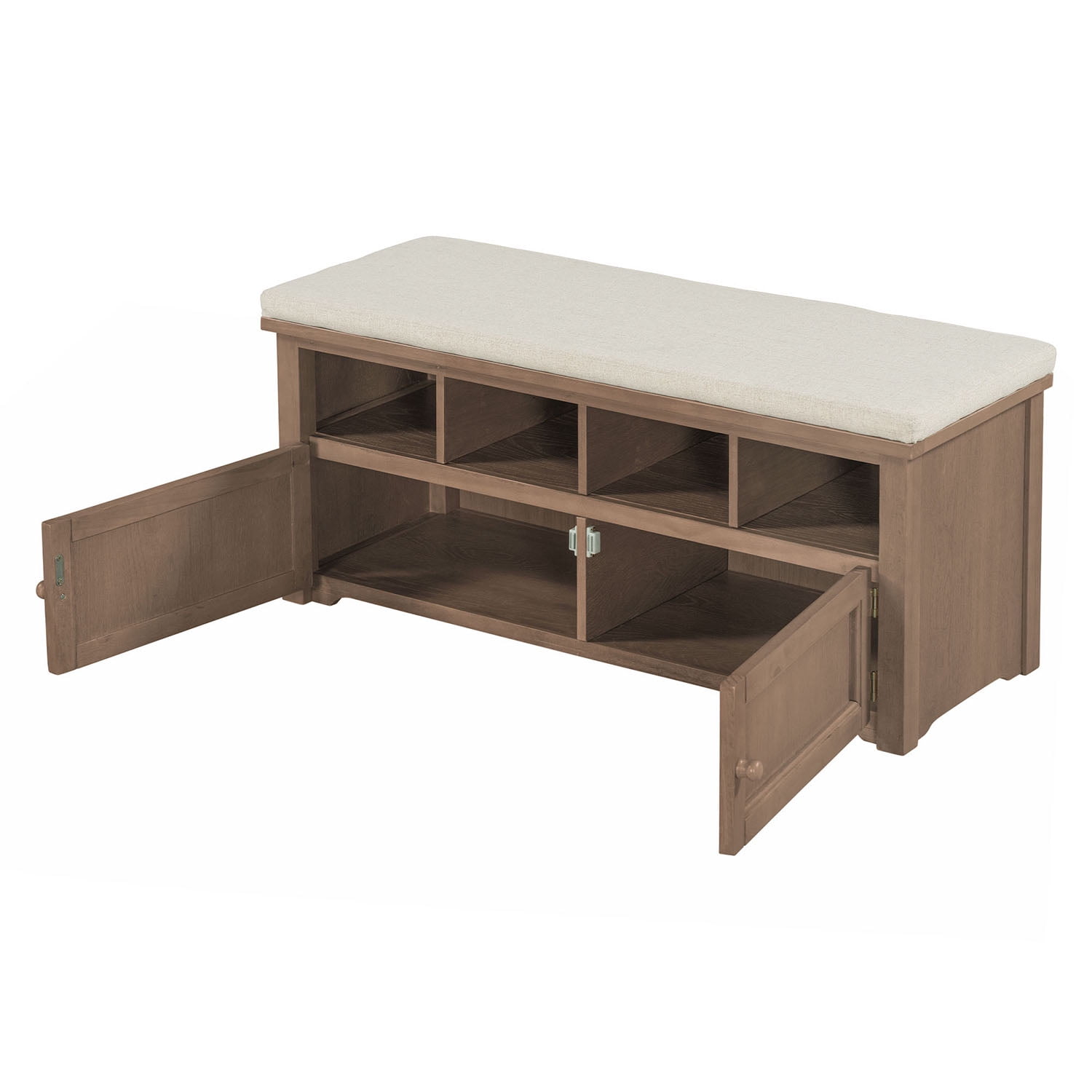 Kadyn Rustic Style Two-Door Storage Bench, Shoe Entryway Bench with Linen Upholstered Top Cushion, Pine Organizer Footrest Bench Ottoman for Entryway, Brown Kadyn Rustic Style Two-Door Storage Bench, Shoe Entryway Bench with Linen Upholstered Top Cushion, Pine Organizer Footrest Bench Ottoman for Entryway, Brown
