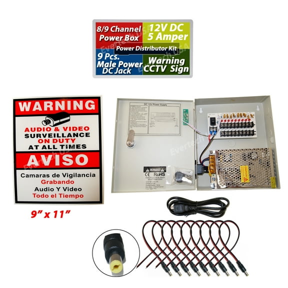 Evertech 9 Channel 12V DC 5A Power Supply Distributor Box w/ 9X DC Plug and CCTV Sign