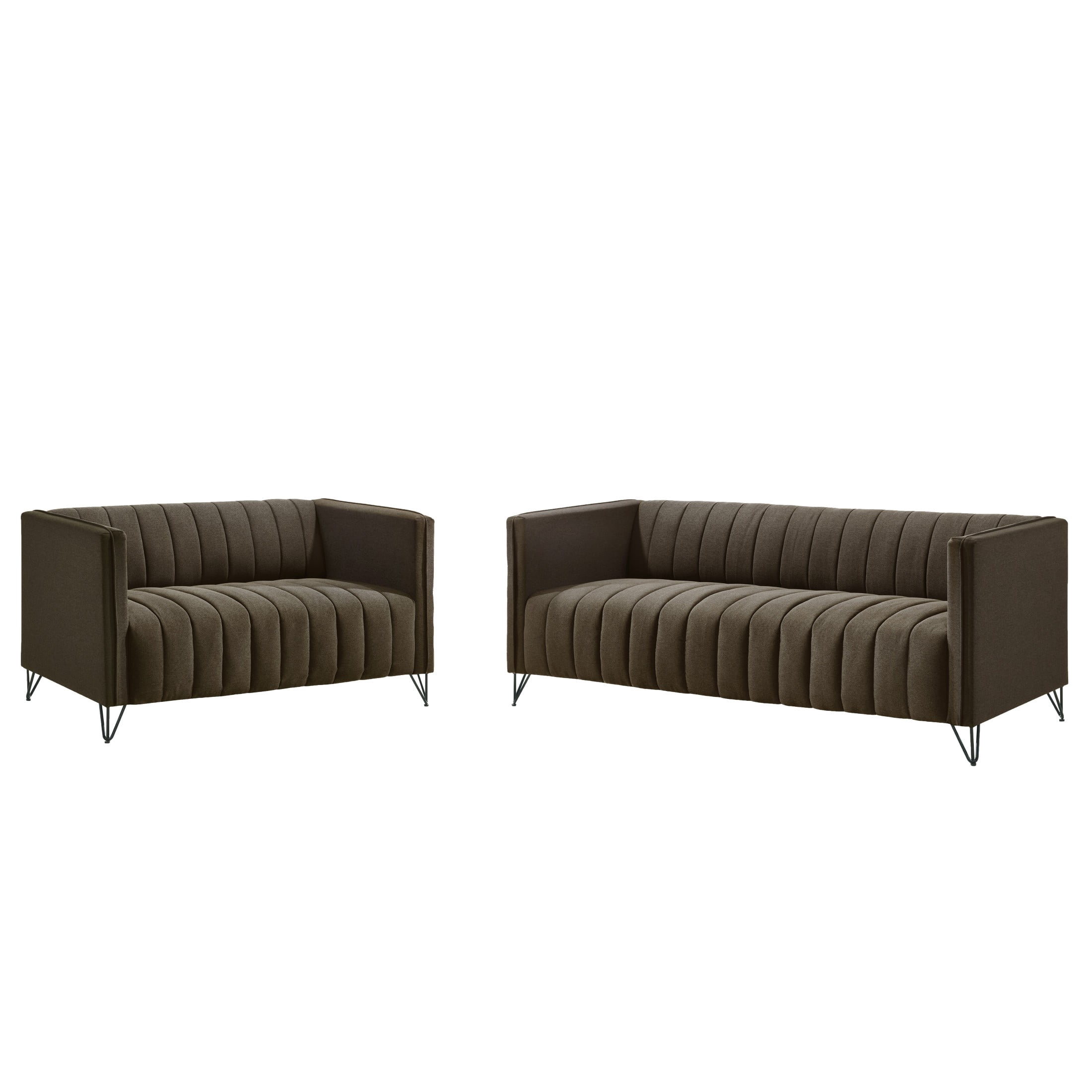 Home Design Kurtis 2-Piece Living Room Set with Square Arm Loveseat and Sofa, Channel-Tufted Upholstery, Brown