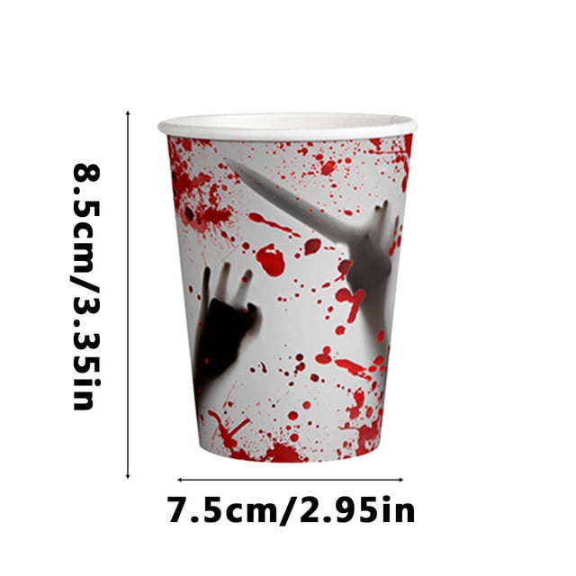 Juego de 10 vasos de papel con temática de Halloween, con estampado de sangre y mano fantasma, para fiestas de terror.