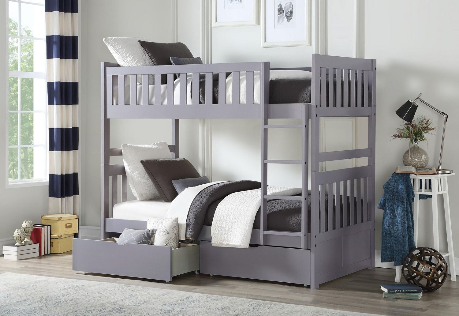 Topline Home Furnishings Grey Twin over Twin Bunk Bed  with Toy Storage