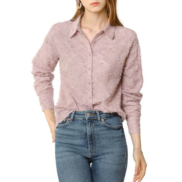 CAMISA DE BOTONES PARA MUJER INSPIRE CHIC, CUELLO VOLTEADO, MANGAS LARGAS, PUÑOS DE BOTÓN, TOP BLUSA ROSA L