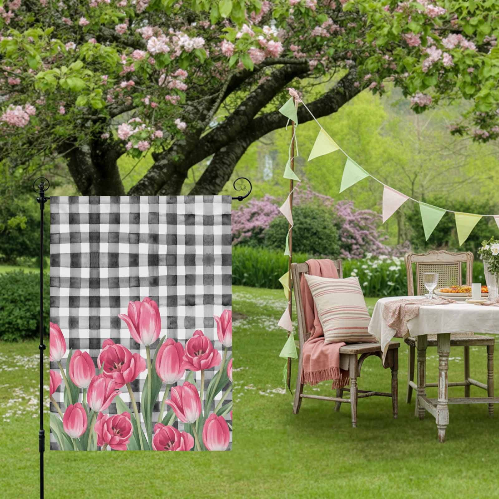 Pink Tulip Flower House Flags For Outdoor, Spring Floral Black White Plaid Green Leaf Small Double Side Yard Flags Weather Proof House Decor for Lawn Outside Holiday 28 x 40 Inches