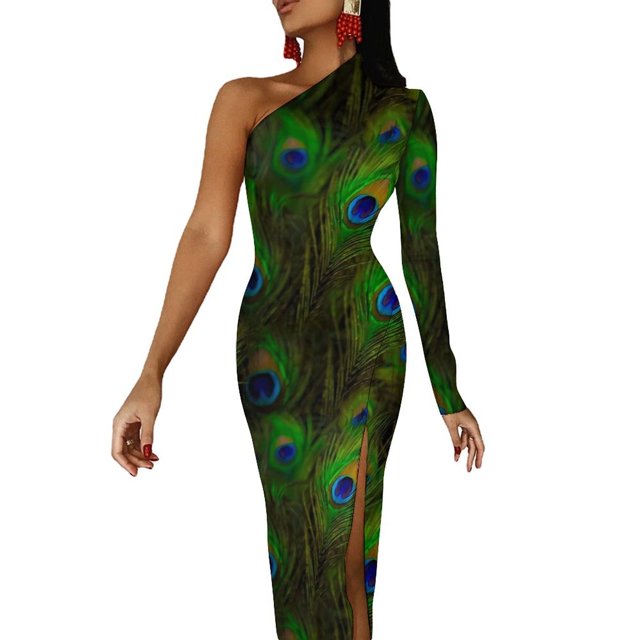 Unique Peacock Feather Long Dress Female Colorful Print Party Maxi Dress Spring Kawaii Bodycon Dresses Side Split Custom Clothes