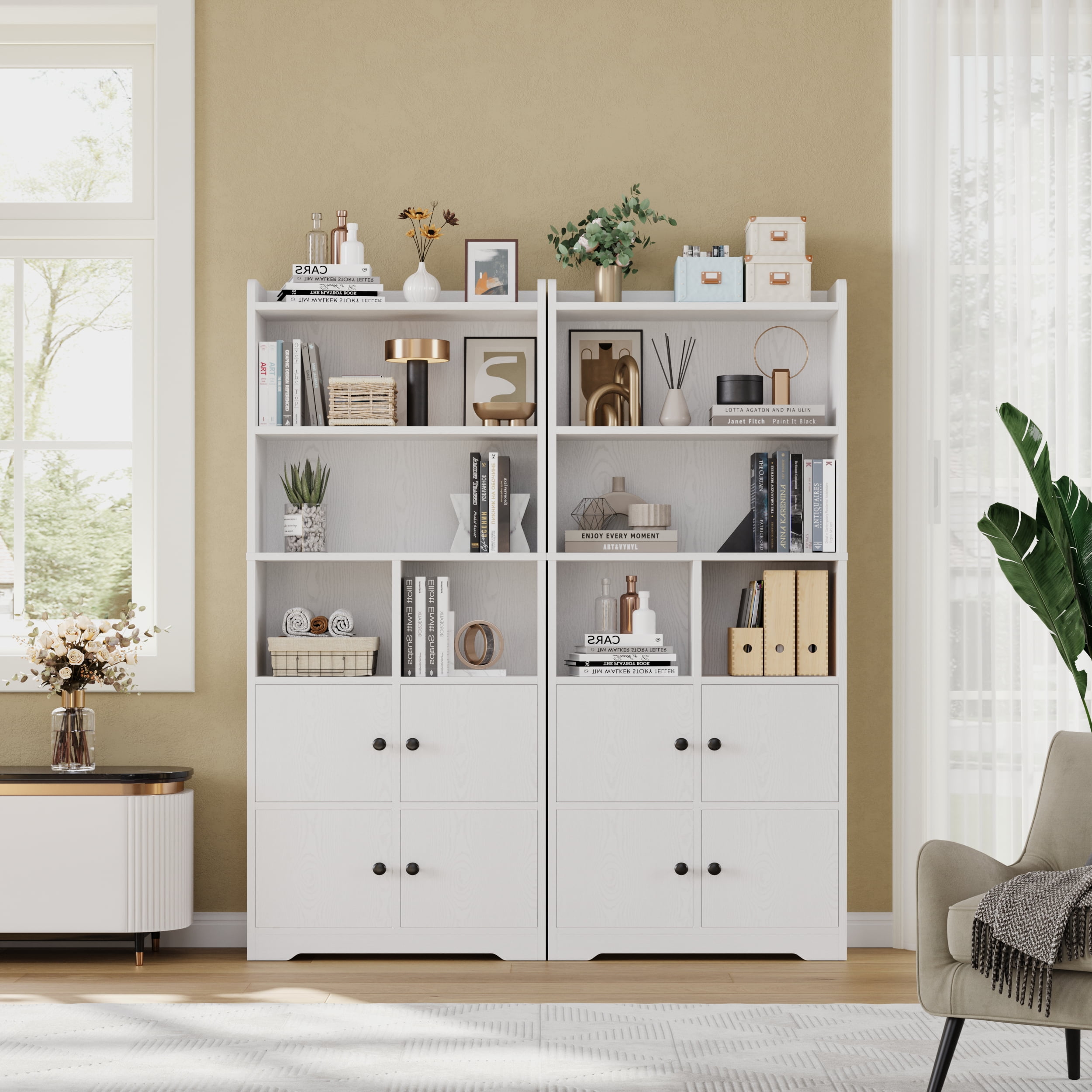 IRONCK 5-Tier Bookcases with Doors, 63" Tall Cube Storage Shelf, Freestanding Bookshelf for Home Office Living Room, White