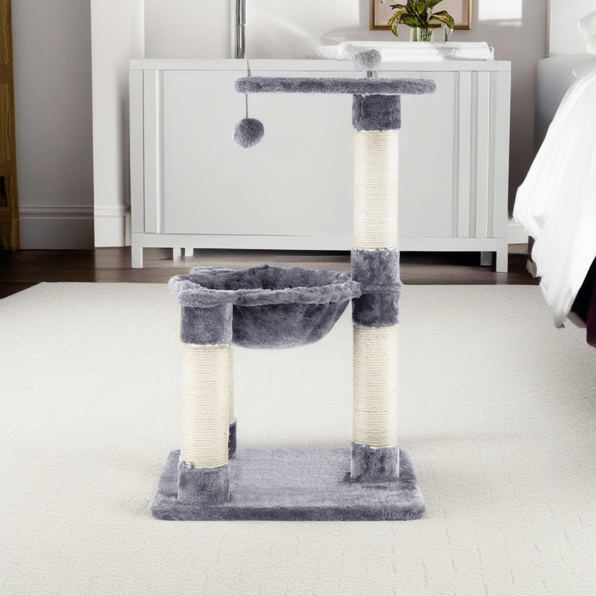 Pefilos 25" Cat Scratching Post, Sisal Rope Scratcher Tree with Hammock and Dangling Ball, Multi-level Cat Tree for Kittens and Adult Cats, Gray