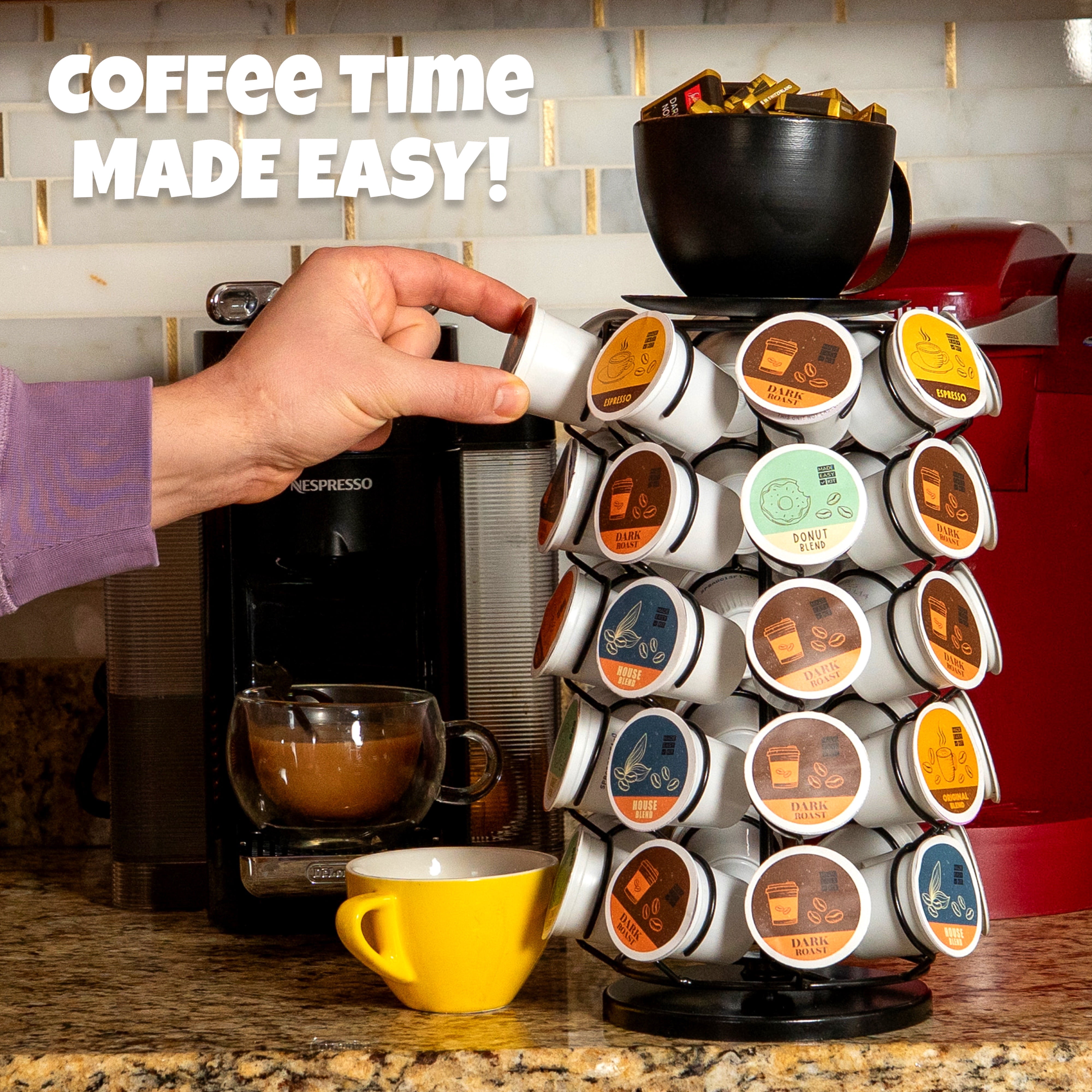 Made Easy Kit Carousel Coffee Pod Holder - Compatible with Keurig K-Pods K-Cups - Countertop 360 Spin Rack Storage Organizer - Metal Pre-Assembled Lazy Susan Revolving Base - Home, Kitchen, Office