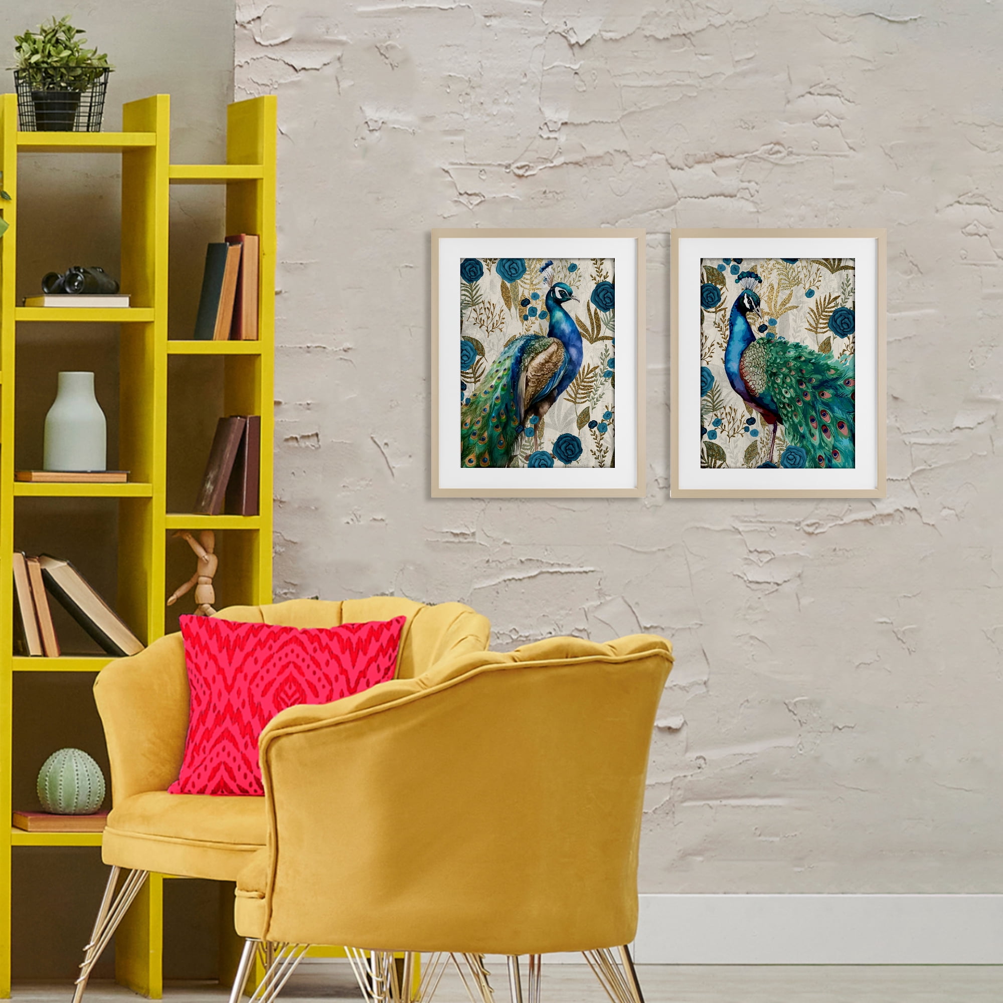 Stupell Industries Floral Peacock Pride 2 Piece Birch Framed Print Under Glass Set, design by Kim Allen