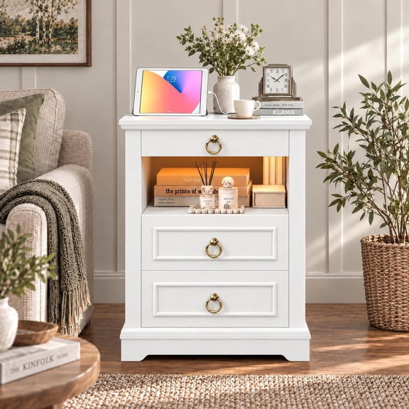 Hiphuta Wide Farmhouse Nightstand with 3 Drawers & Charging Station, Wood End Table for Living Room, LED Bedside Table for Adult Bedroom, White