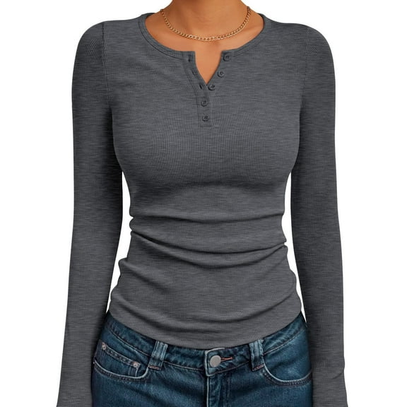 Resicozy Long Sleeve Henley Shirts for Women Fall Spring Ribbed Tops Casual Blouses Basics Tees Cute Solid Sweaters Dark Gray XL