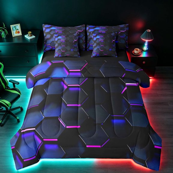 Manfei Blue Purple Neon Honeycomb Queen Bedding, Glowing 3D Hexagon Bedding Comforter Set Queen, Black Reversible 7-Piece