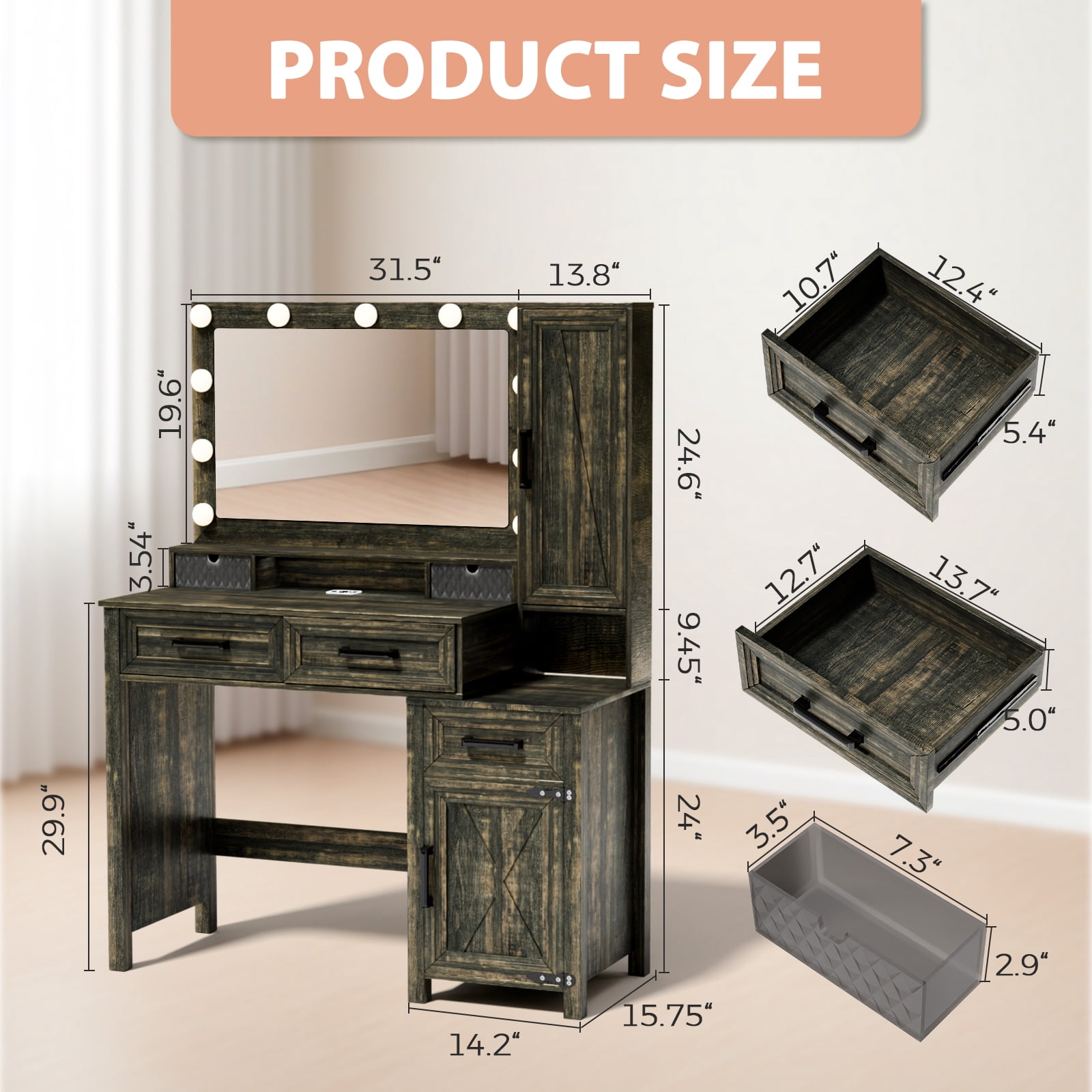 MAYEERTY 45.3" Vintage Brown Vanity Desk with LED Mirror, Sensor Light, USB Charging & Jewelry Cabinet for Bedroom