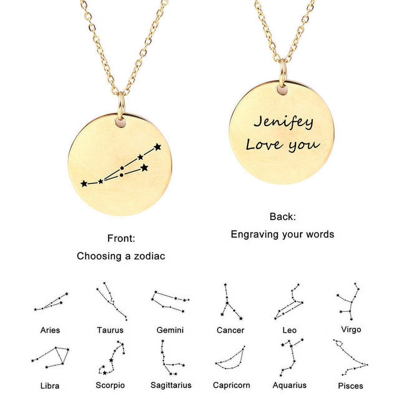 Zodiac Jewelry - Horoscope Constellation Necklace - Zodiac Birthday Gift with Back Can Engraved Name - Zodiac Gift for Girl