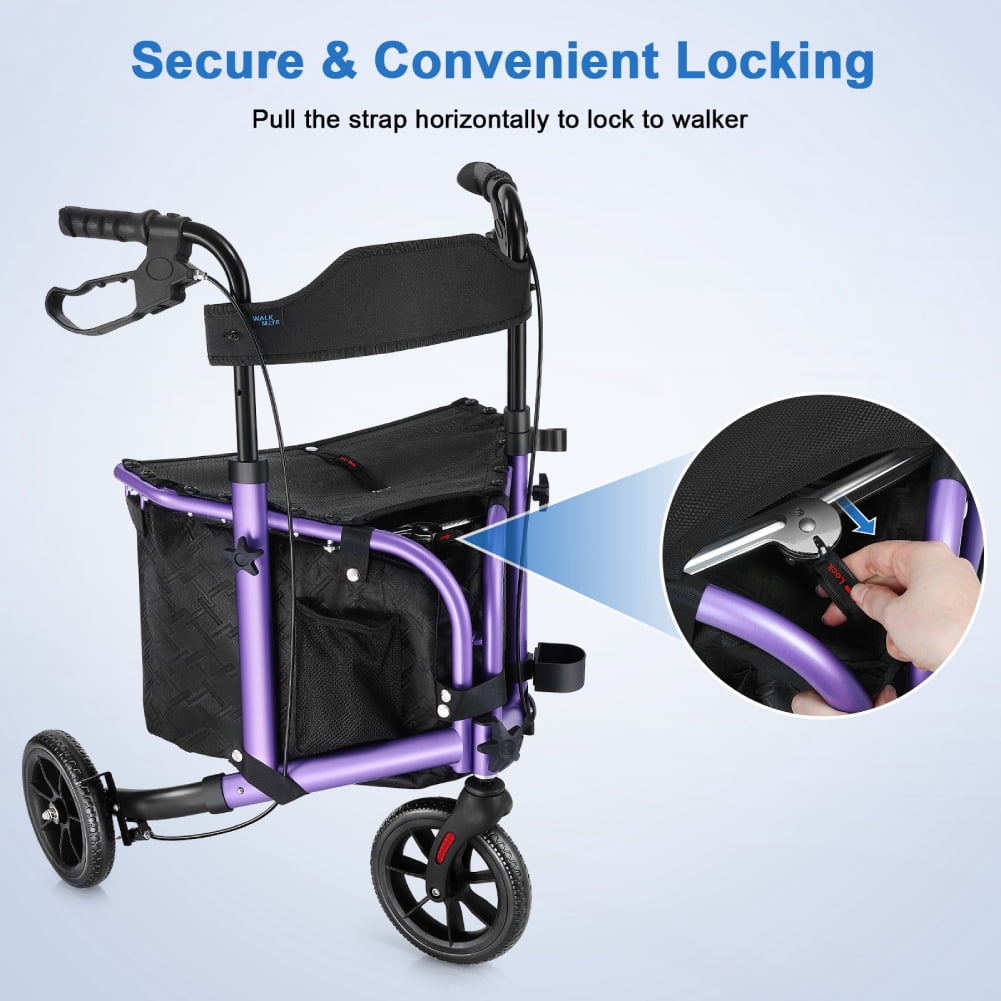 WalkMate 3 Wheel Rollator Walker for Slim Senior, 8'' Wheel Lightweight Folding Walker, Purple