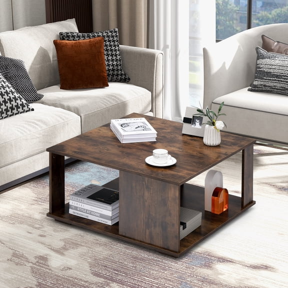 Giantex Square Wooden Coffee Table, Industrial Tea Table w/L-Beam Structure, 2 Tier Center Table