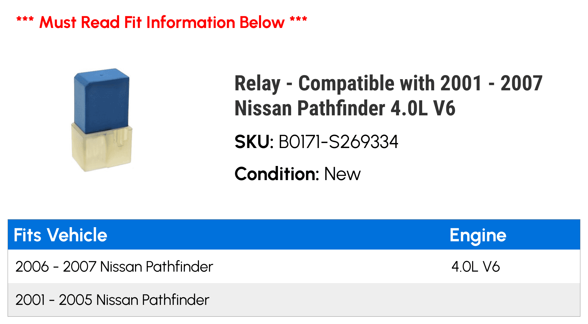 Relay - Compatible with 2001 - 2007 Nissan Pathfinder 4.0L V6 2002 2003 2004 2005 2006
