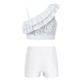thumbnail image 2 of TiaoBug Kids Girls 2 Piece Gymnastics Dance Leotards Outfits Ruffle Sequin Crop Top with Shorts Set for Stage Performance White 14, 2 of 7