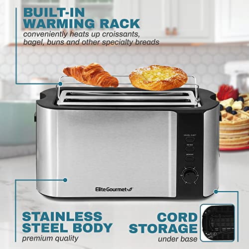 Elite Gourmet ECT 3100 Long Slot 4 Slice Toaster Reheat 6 Toast Settings Defrost Cancel Functions Built in Warming Rack Extra Wide Slots for