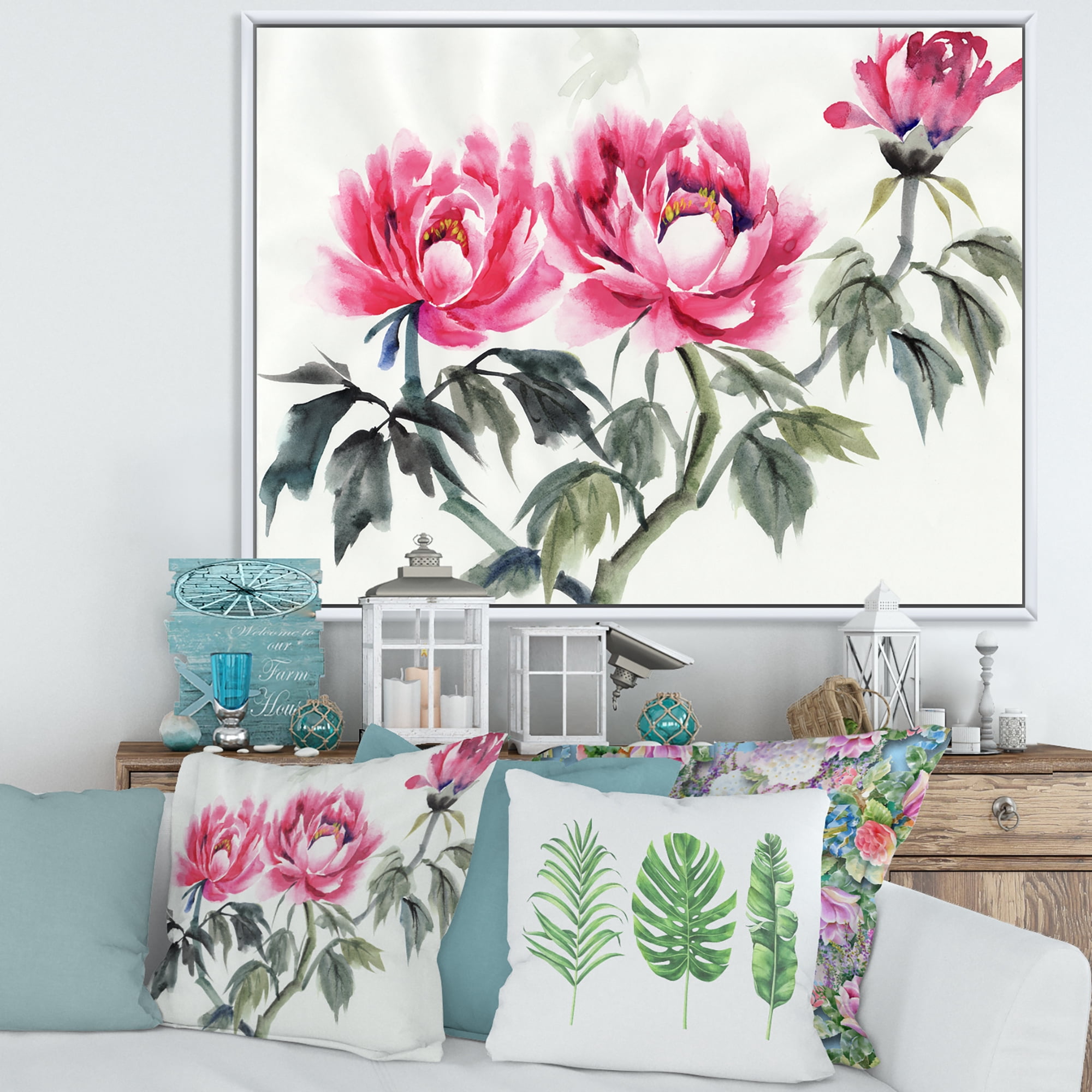 Designart 'Ancient Purple Peonies Branch' Traditional Framed Canvas Wall Art Print