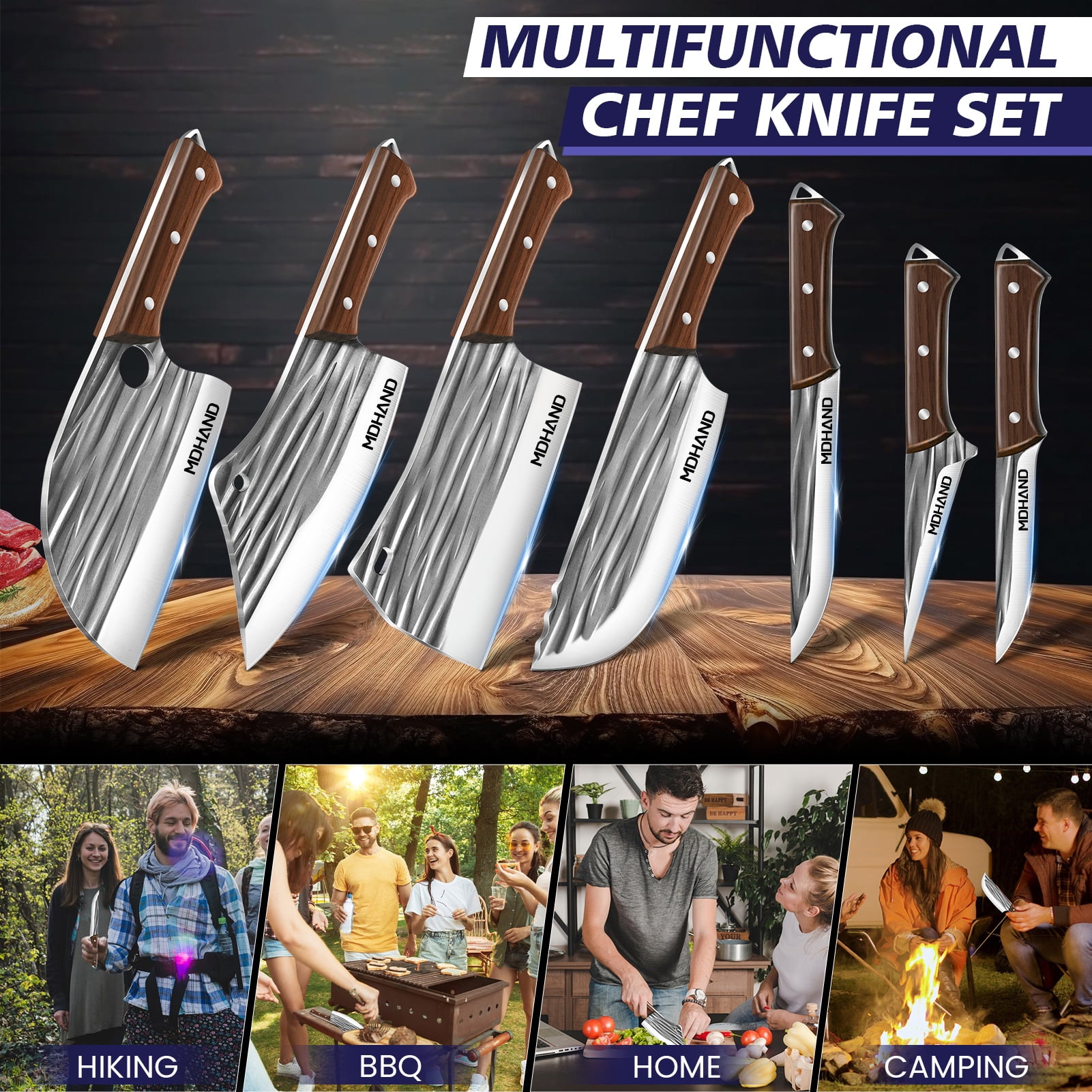 DFITO 14PCS Professional Butcher Knife Set with Roll Bag, Heavy Duty Meat Cleaver, Boning Knife, Hand Forged Chef Knife Set, Meat Cutting Knife for Kitchen, Gift for Men, BBQ, Camping(Stripe)