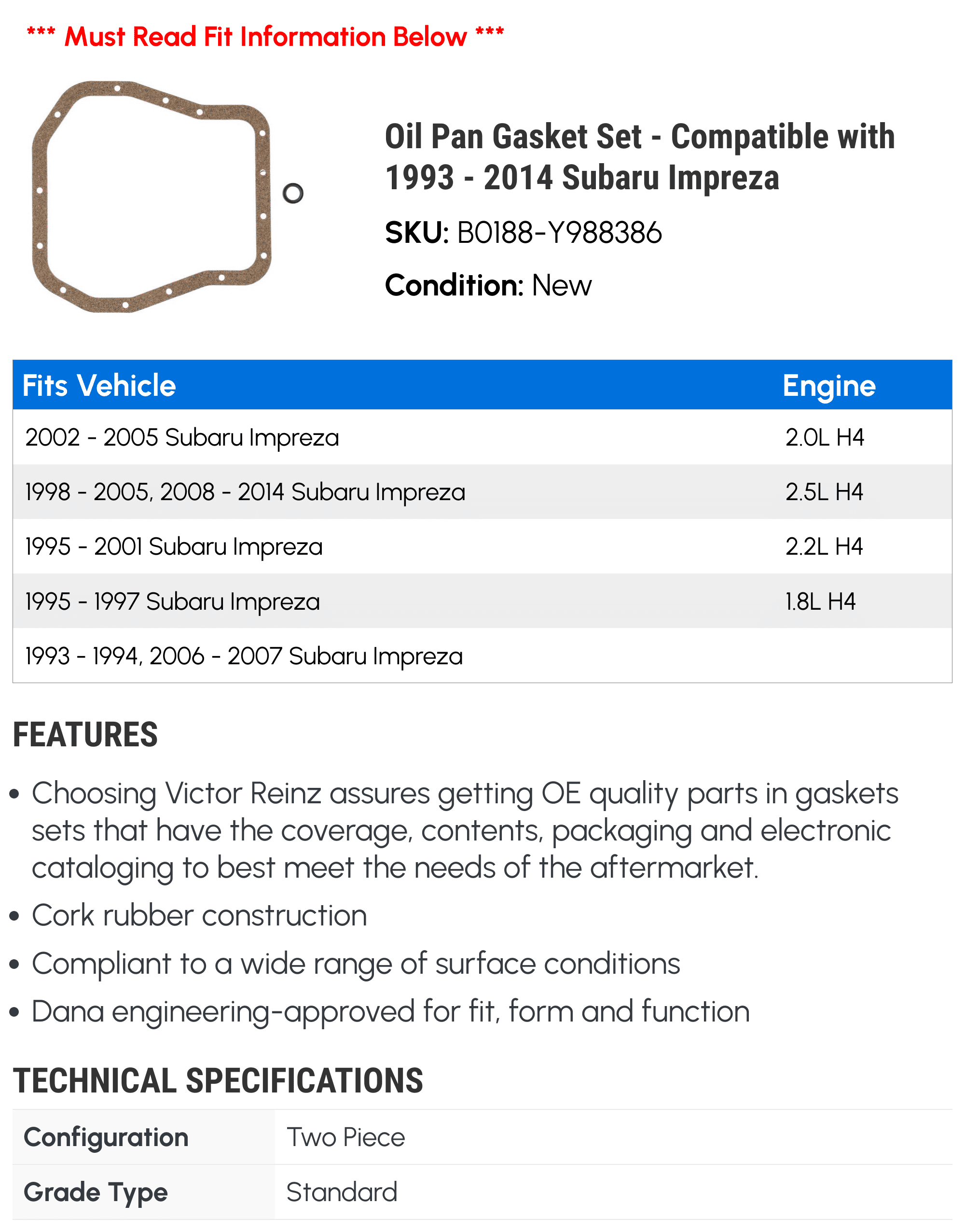 Oil Pan Gasket Set - Compatible with 1993 - 2014 Subaru Impreza 1994 1995 1996 1997 1998 1999 2000 2001 2002 2003 2004 2005 2006 2007 2008 2009 2010 2011 2012 2013