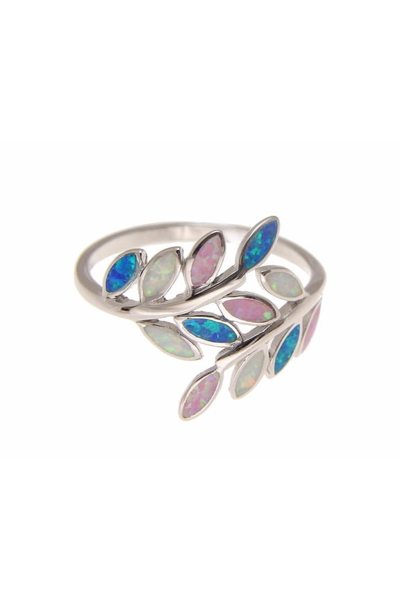 Blue white pink tricolor inlay synthetic opal ring Hawaiian maile leaf 925 sterling silver size 10