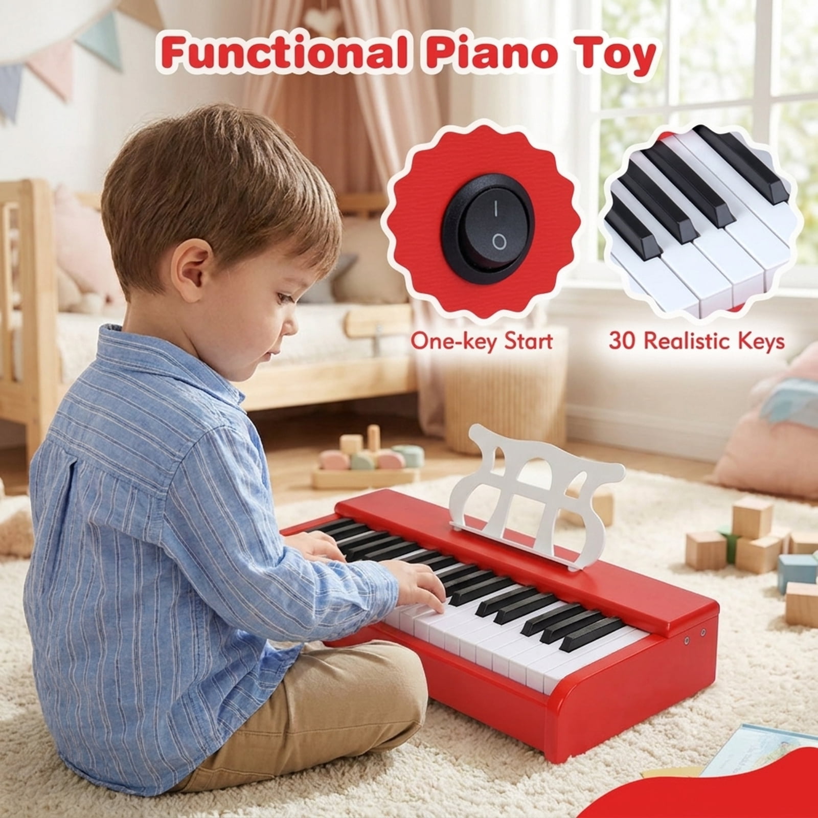 Redsmile 30-Key Kids Piano Keyboard with Music Stand and One-Key Learning for Toddlers and Beginners to Play Their First Songs, Red