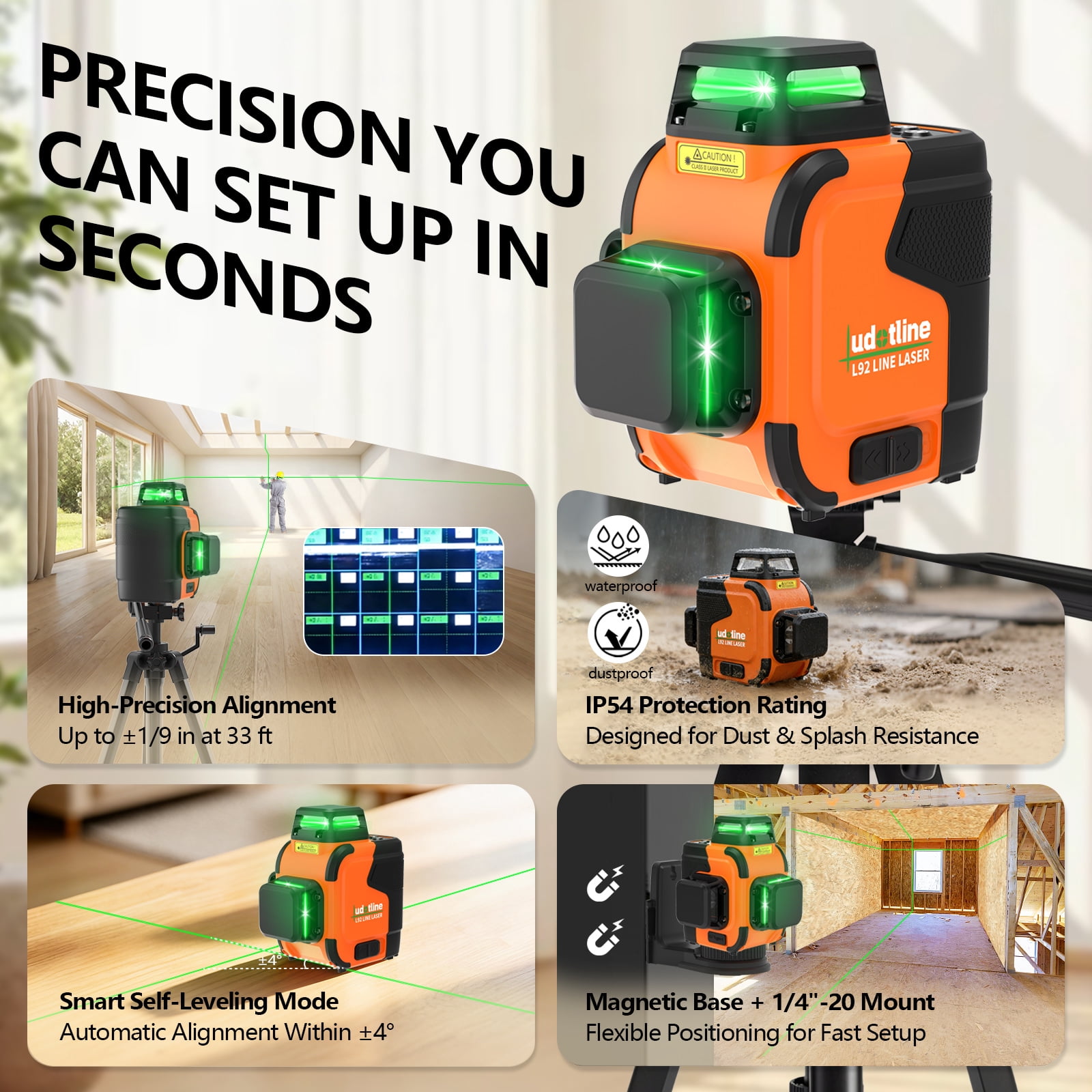 12-Line Laser Level, 3x360 Self Leveling Green Laser Level ,Passed the 4-FT drop durability test, USB-C Rechargeable, Pulse Mode, Magnetic Bracket, IP54 for Tile, Ceiling, Floor & Wall Alignment