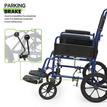 Magshion Folding Transport WheelChair, Foldable Rollator Chair with Swing-Away Footrests, Flip Back Backrest and Parking Brake for Adults, Disabled, 300lbs Weight Capacity, Blue