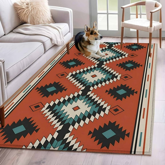 Aztec Southwest Area Rug 4x6 Washable Rug Non Slip Orange Red Geometric Abstract Art Large Area Rug Indoor Floor Carpet for Entryway Bedroom Kitchen Living Room Home Office Dining Room Nursery
