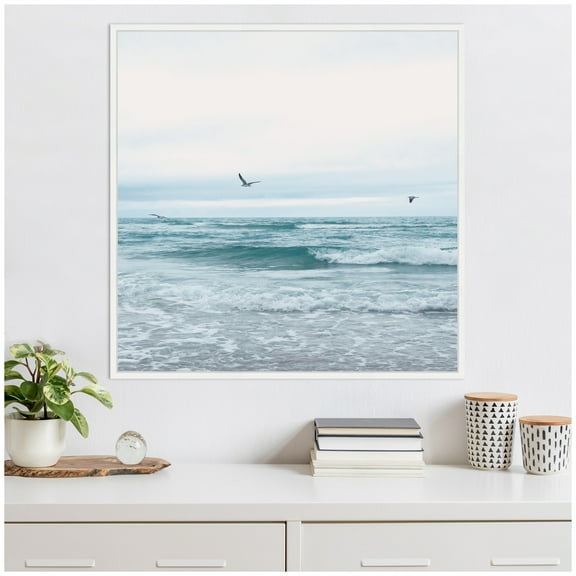 Kate and Laurel Ocean Swim 2 Square Framed Canvas Wall Art by Stephanie Klatt 30 x 30 Sylvie White, Coastal, Beach, Nature Art for Wall Decor, Living Room, Bedroom