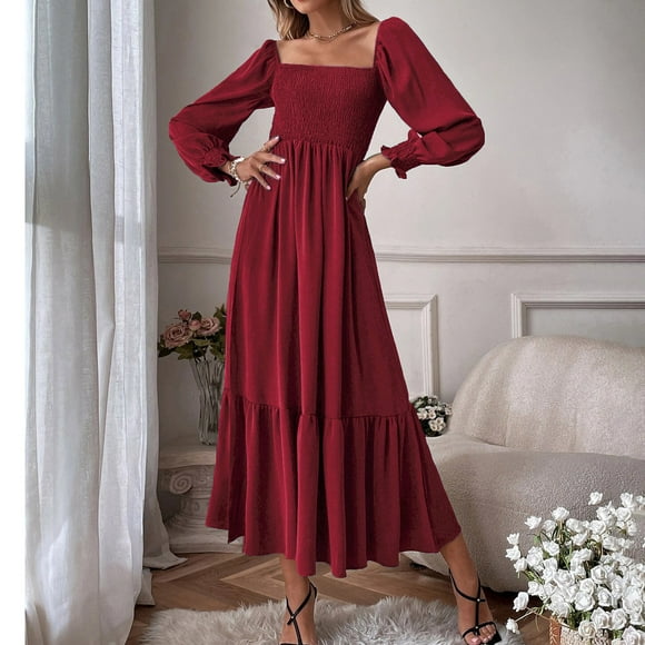 EQWLJWE Women's 2023 Fall Ruffle Tiered Dress Women Maxi Dress Square Neck Long Puff Sleeve Backless Boho Ruffle Flowy Long Dresses