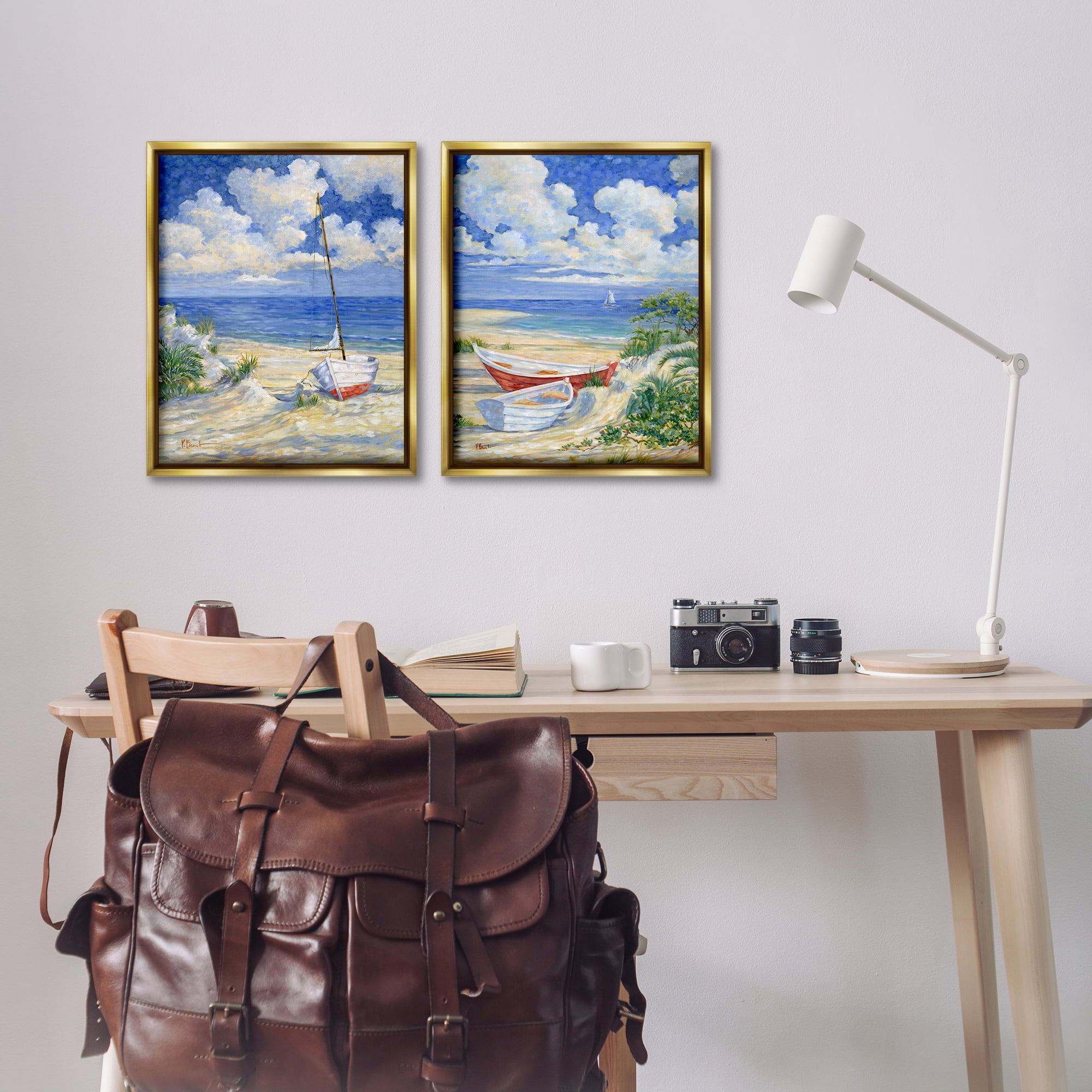 Stupell Industries Row Boat on Sandy Beach Nautical & Beach Painting Gold Floater Framed Canvas Art Print Wall Art, 17 x 21, Set of 2