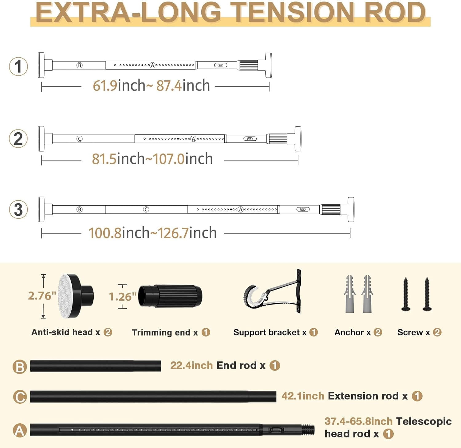 Black Tension Curtain Rod 41-126 In(4-10Ft), Extra Long Outdoor Curtain Rod No Drilling for Window or Bathroom Patio, Adjustable Heavy Duty Shower Rod,Rod Diameter 1.26In (2Pack)