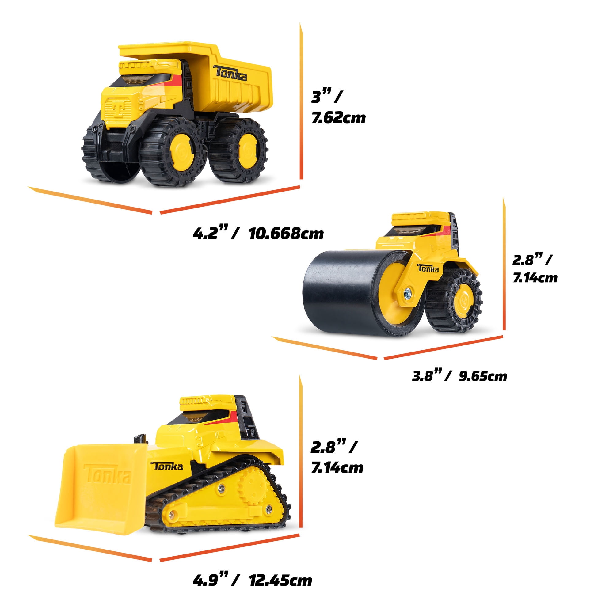 Tonka Steel Classics Titans - Bulldozer, Steam Roller, Dump Truck - 3 Pack Assortment