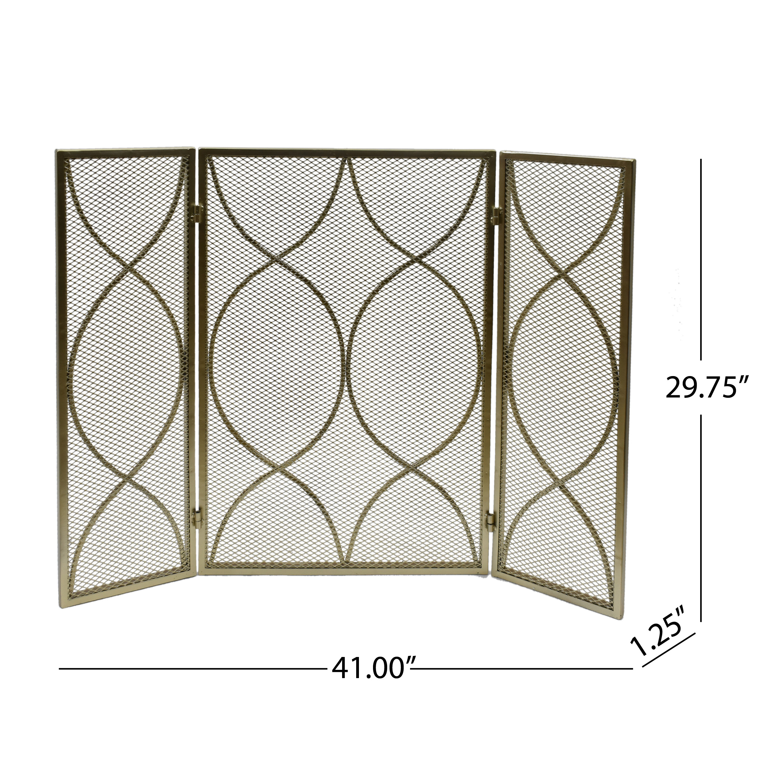 Noble House Quincy Modern Three Panel Iron Firescreen, Gold Finish