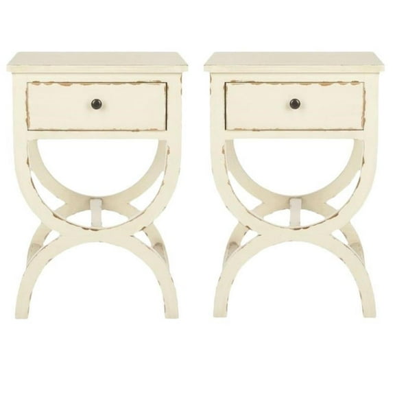Home Square Poplar Wood Night Table in Distressed Vanilla - Set of 2
