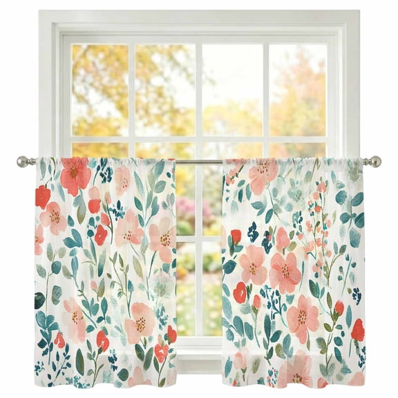 Spring Wild Flowers Sheer Curtains 45 inches Long, Floral Leaf Light Filtering Sheer Window Curtains Rod Pocket Voile Drapes for Bedroom Living Room, 2 Panels