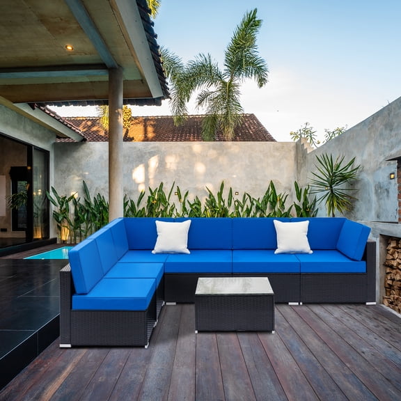 Zimtown 7-Piece Outdoor Sectional Sofa, Wicker Conversation Set with Iron Frame & Thick Cushions, Blue