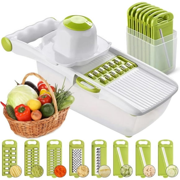 All in 1 Mandoline Slicer, Fruit and Vegetable Slicer, Multi Function Veg Cutter, Interchangeable Stainless Steel with Food Container, Hand Protector, Julienne Slice for Potato Tomato Onion