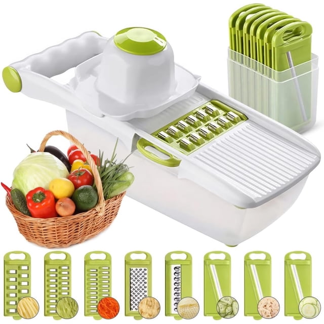 All in 1 Mandoline Slicer, Fruit and Vegetable Slicer, Multi Function Veg Cutter, Interchangeable Stainless Steel with Food Container, Hand Protector, Julienne Slice for Potato Tomato Onion