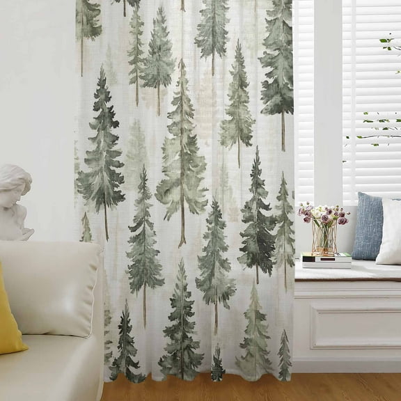 Green Christmas Tree Semi Sheer Curtains Drapes for Living Room, Bedroom, French Doors Window 45 Inches Long, Watercolor Xmas Tree Rustic Rod Pocket Chiffon Curtain Drapery Voile Draperies Panel