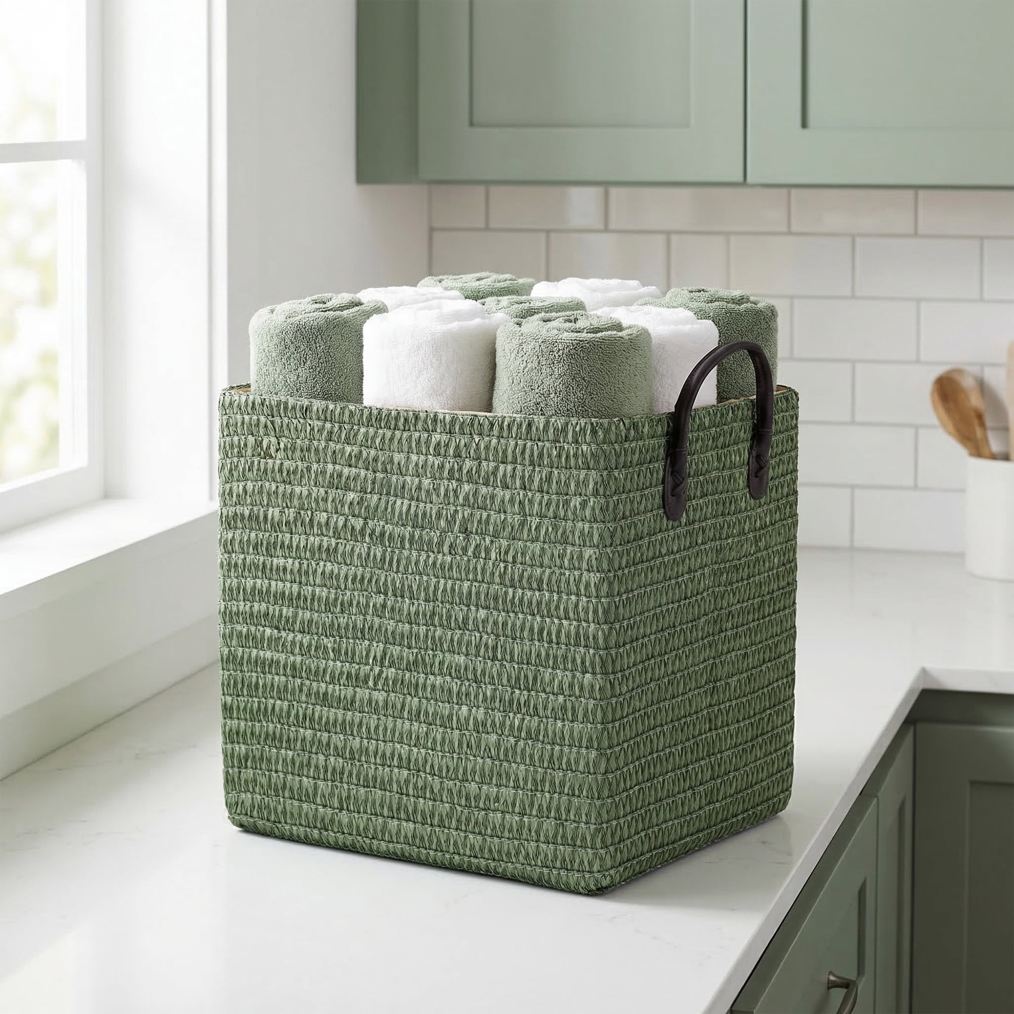 Unique Bargains Compactable Woven Storage Basket Storage Bin Green 11.8*9.1*11.4in