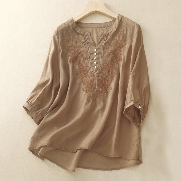 Camiseta Holgada Fiudx Algodón y Lino con Botones para Mujer