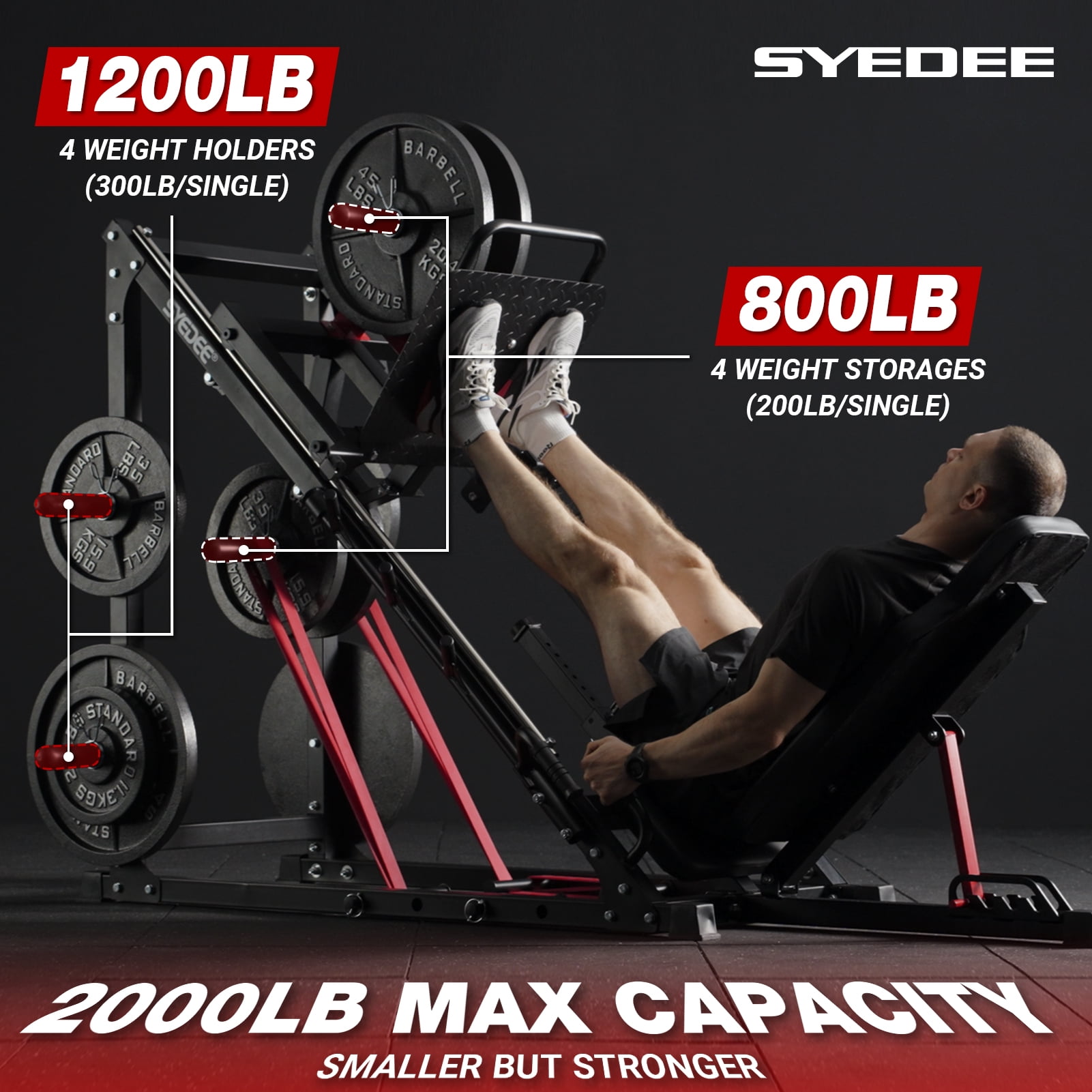Syedee Adjustable Leg Press Machine, 2000LBS Capacity, Black, 230LBS Weight Plates