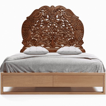 Handmade Bed Decor Carved Peacock Brown Bed Headboard Flower Home Decor (King Size- 72x48x1 -inches)