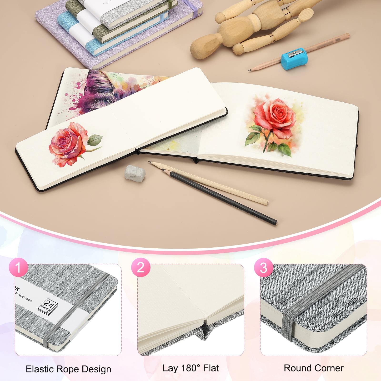 Uxcell 8.3x5.5" Square Watercolor Sketchbook, 2Pcs 24 Sheet 300gsm/140lb, Dark Gray