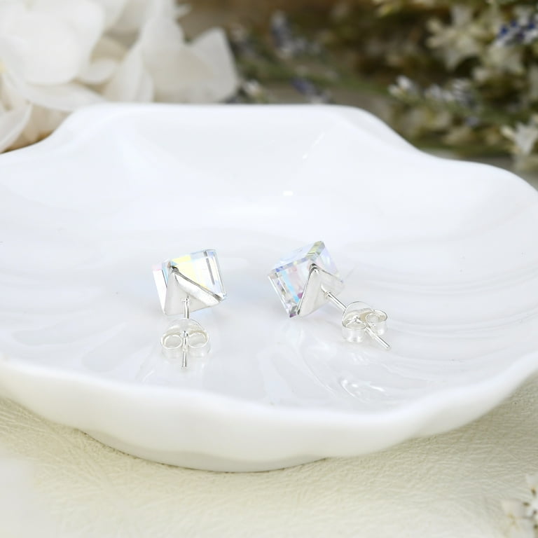 ★MIDNIGHT MOMENT.★ soft cube earring silver Mirror Tint Crystal Prism Cube .925 Sterling Silver Stud